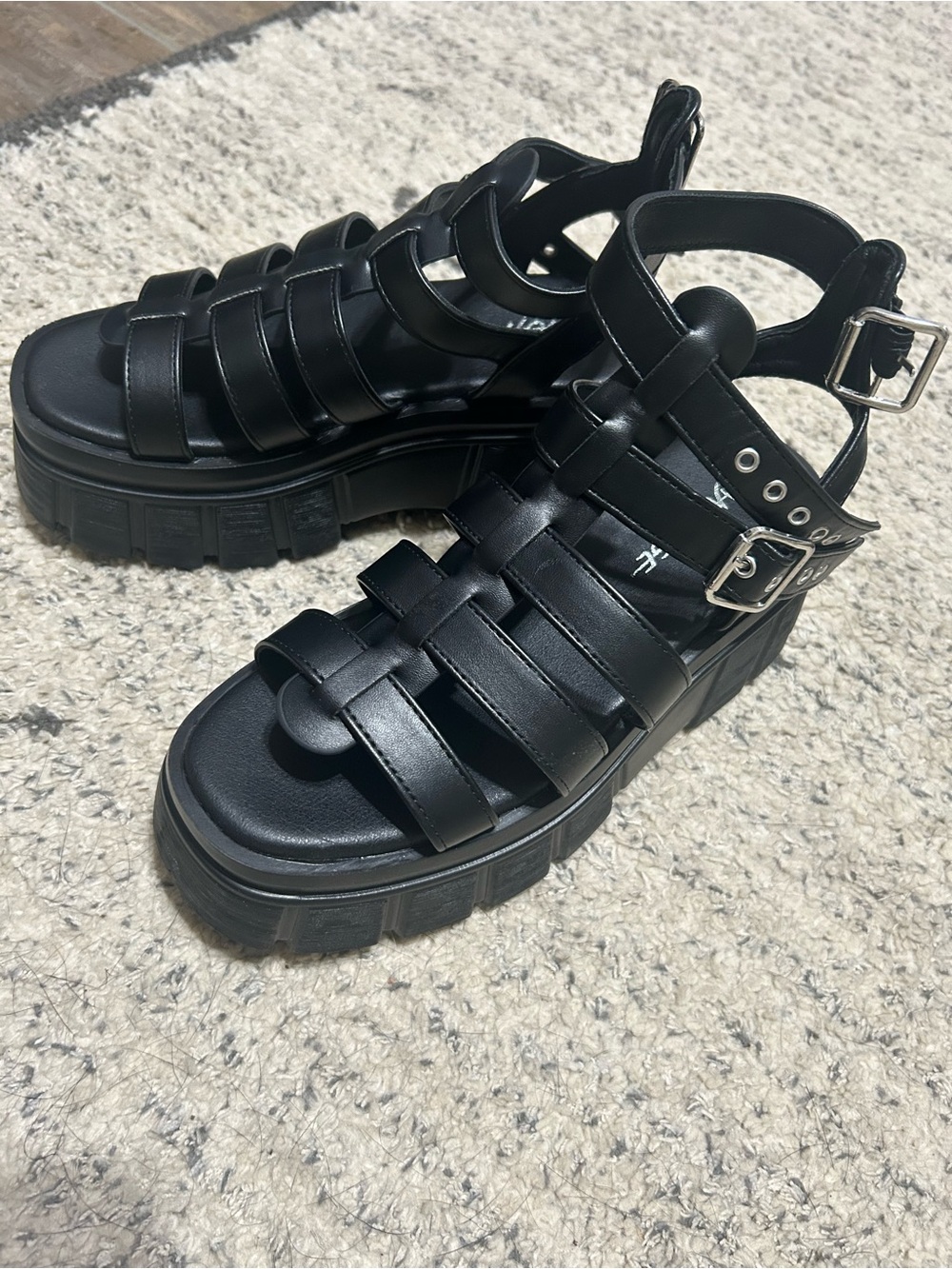 Chunky Black Strappy Platform Sandals with Buckle Closure
